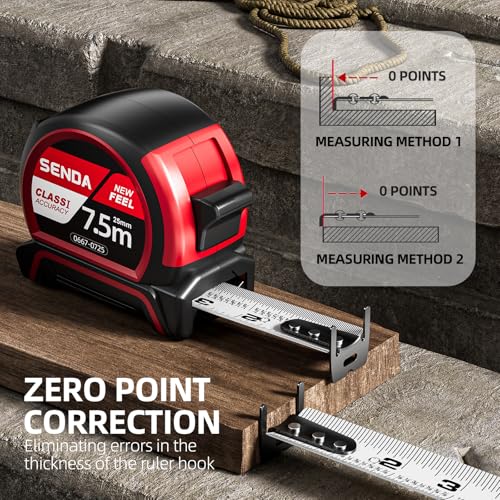 SENDA Tape Measure 25FT with 1/8 Fraction, Double-Hook Measuring Tape Retractable with 1 Inch Wide Blade & Belt Clip, ABS TPR Rubber Protection,Matte Nylon-Coated Blade for DIY, Construction (1 Pack) - color: Red, size: 25 FT