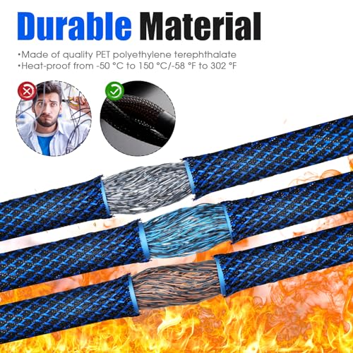 Tatuo 151 ft Braided Cable Sleeve Expandable Wire Sheathing(Blue, Black) - color: Blue, Black, size: 151 ft
