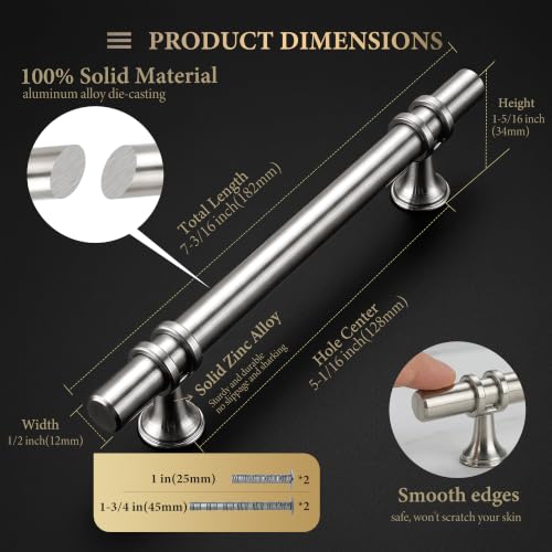 Haliwu 10 Pack 5 Inch Brushed Nickel Cabinet Handles | 128mm Hole Center, Solid Aluminum and Zinc Alloy, Kitchen Pulls Hardware for Bathroom Drawer Dresser - color: Brushed Nickel, size: 5-inch (128mm) hole spacing