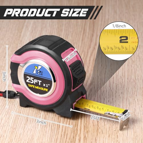 Youyole 10 Pack Tape Measure with Fractions 1/8 Steel Measuring Tape Retractable Easy Read Measurement Ruler Steel Power Blade (25 ft X 1 in,Pink) - color: Pink