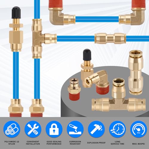 CheeMuii 76 Pcs Brass DOT Air Line Fittings with 1/4" & 3/8" DOT Air Hoses - size: 2ROLL-80PCS-BLUE