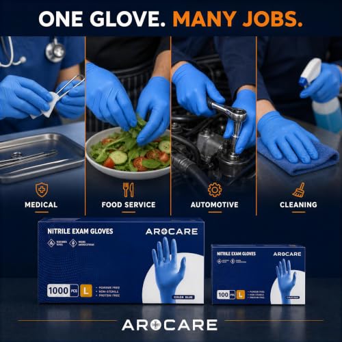 AroCare Nitrile Exam Gloves, 4 Mil, Powder-Free, Latex-Free, 1,000 Count - size: Large