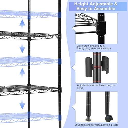 Whitmor 5 Tier Shelving Unit,Metal Storage Shelves, Heavy Duty with 4 Wheels & Adjustable Feet, 400 lbs Capacity per Shelf, Max 2000 lbs Total for Home, Garage, Workshop, 36" L x 14" W x 60" H, Black