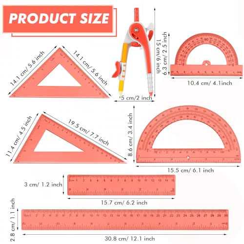 Zonon 7 Pcs Geometry Math Set with Compass Protractor Rulers, Orange - color: Orange