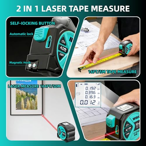 WIDX 2 in 1 Laser Tape Measure,164ft Laser Measurement & 16ft Tape Measure