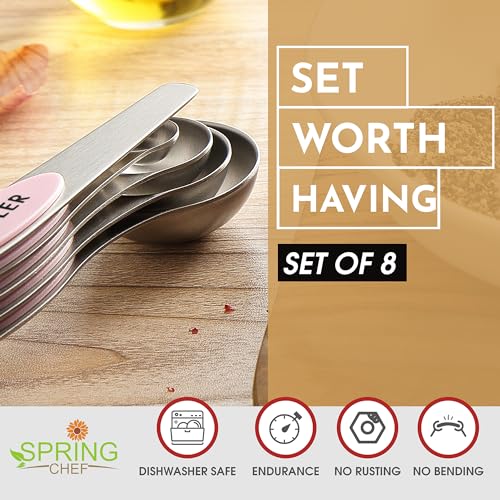Spring Chef Stainless Steel 8 Magnetic Measuring Spoons Set, Pink Lemonade - color: Pink Lemonade, size: 1-Pack