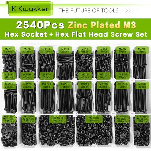 2540Pcs M3 Screw Kit 4MM to 35MM, M3 Socket Head Screws & Flat Head Screws, Upgraded Zinc Plated Assorted Nuts and Bolts Assortment Kit Black M3 Screws with Nuts, Washer and Lock Washers - size: G. M3