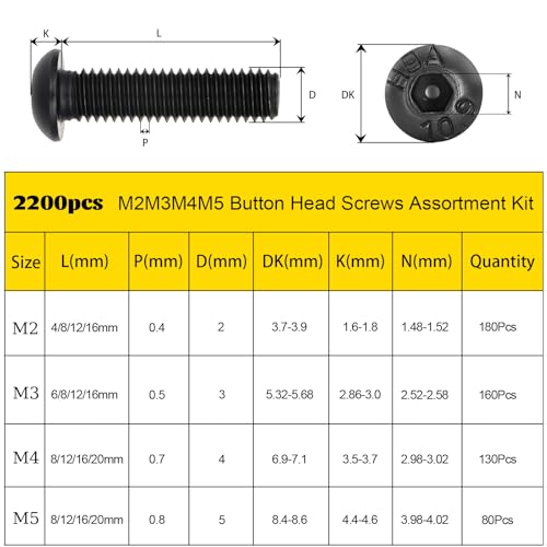 2200PCS M2M3M4M5 Metric Hex Socket Button Head Screws Assortment Kit - size: M2M3M4M5 2200pcs