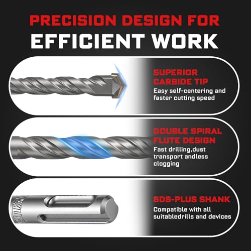 Geinxurn 5/16" x 8" SDS Plus Rotary Hammer Drill Bits, 15PCS Double Thread Masonry Drill Bits Set Carbide Tipped, Drilling in Brick, Stone and Concrete, Cement Walls - size: SDSBIT051608-015