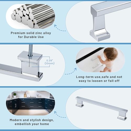 KNOBWELL 6 Pack Polished Chrome Solid Cabinet Pulls 6-3/10 Inch(160mm) Hole Center Kitchen Cabinet Handles,Cabinet Hardware for Cupboard Drawer Pulls - color: Polished Chrome, size: Hole Center：6-3/10 inch（160mm）