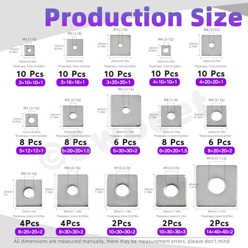 Swpeet 100Pcs 15 Sizes M3 M4 M5 M6 M8 M10 M14 304 Stainless Steel Silver Squares Washer with Round Hole Assortment Kit, Square Plate Washers Rectangular Pad Spacer Gasket Washer for Hardware Fastener