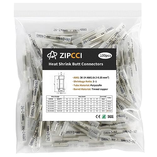 26-24 AWG Heat Shrink Butt Connectors - 100Pcs White Insulated Waterproof Electrical Marine Automotive Wire Splice Connector Crimp Wiring Terminals - size: AWG 26-24