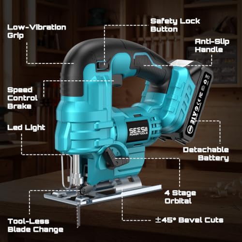 SEESII Jig Saw, Cordless Jigsaw Tool with 2×2.0Ah Batteries and Charger - color: Blue