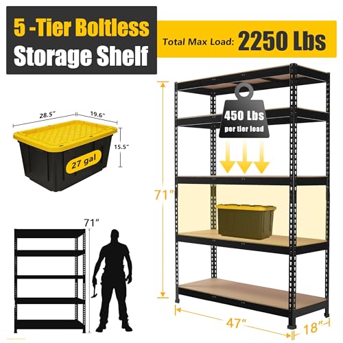 PrimeZone 47"W x 18"D x 72"H Garage Storage Shelves, 5-Tier Metal Shelving - size: 47"W x 18"D x 71"H