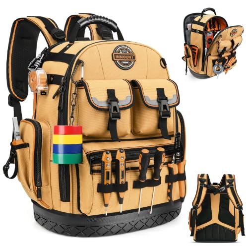 LOKASS Tool Backpack Heavy Duty, 18.5 in, 56 Pockets, Molded Bottom, Brown - color: Brown