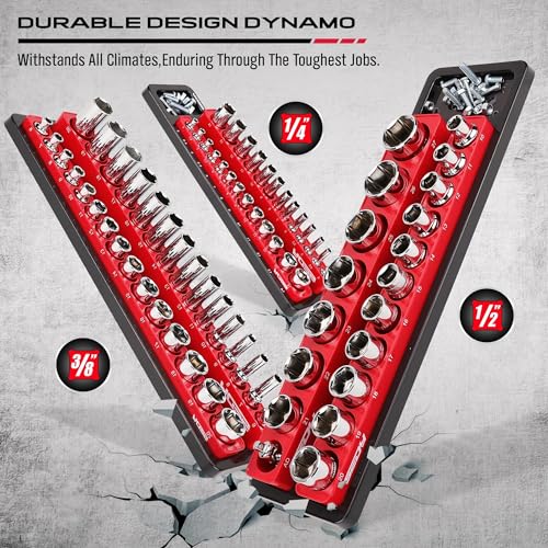 Magnetic Socket Holder Organizer Set: 6-Piece Detachable 1/2 3/8 1/4 Drive Sockets Storage Tray Magnetic Socket Organizer Tool Box Drawer Tool Box Organizers Storage Metric SAE (Sockets Not Included) - style: 6-Piece Trays w/ Base (Holds 143)