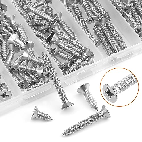#10 x 1/2" 3/4" 1" 1-1/4" 1-1/2" Wood Screws Set, HELIFOUNER 110 Pieces Phillips Countersunk Head Self-Tapping Screws Assortment Kit, Phillips Flat Head Wood Screws, 304 Stainless Steel - size: #10