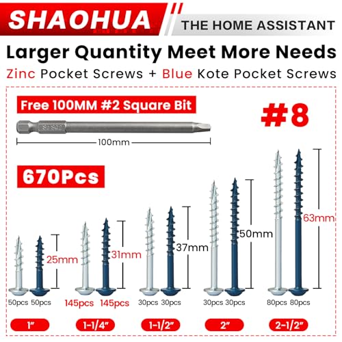 #8 Pocket Hole Screws(1" 1-1/4" 1-1/2" 2" 2-1/2"), Coarse Thread & Anti-Split Design for Furniture, Cabinets, Compatible with Kreg Jig, Zinc Plated & Blue Kote for Indoor Outdoor Use, 670 Pcs - size: C. #8 1" 1-1/4" 1-1/2" 2" 2-1/2"