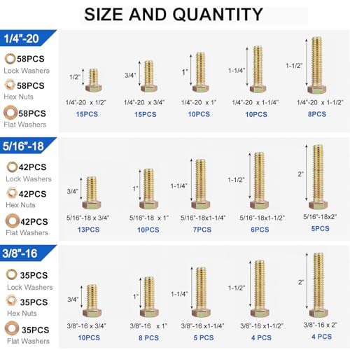 535PCS SAE Bolt and Nut Assortment Kit - size: 535pcs 1/4"-20 5/16"-18 3/18"-16