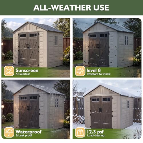 Aoxun 8x8 Ft Outdoor Storage Shed with Floor, Large Resin Outdoor Shed with Lockable Door & Windows, Garden HDPE Sheds for Lawn Tools, Pool Supplies & Bikes - size: 8x8