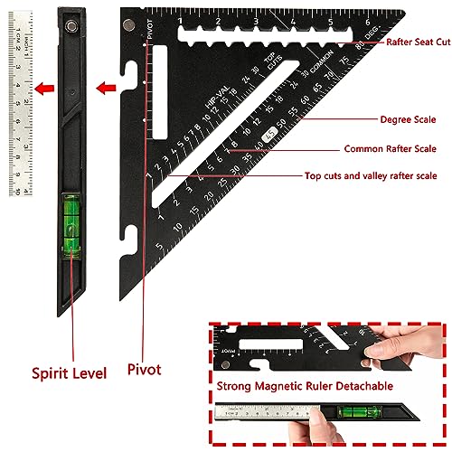 Beslands 7 inch Rafter Square Carpenter with Level, Aluminum Metal Rafter Square Triangle Ruler Carpenter Square Woodworking Layout Tool Aluminum Triangle Tool Stainless Steel Ruler (Black) - color: Black, size: 7" - Level