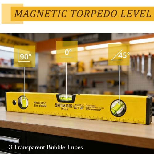 11.9 Inch Torpedo Level Magnetic, Aluminum Alloy Level Tool, Equipped with 45/90/180 Degree Bubble Vials and Scale Ruler, Open Top-View Design - style: 12″-1pcs