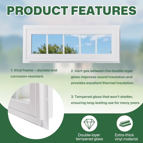 NeatiEase Vinyl Transom Window, 10" x 30" Fixed Glass Household Windows with Grids and Dual-pane Tempered Glass for House, Shed, Doors, Garage, Chicken Coop, Basement (White) - size: 10"x30"