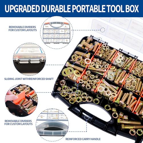 980cs Grade 8 SAE Bolts and Nuts Assortment Kit, 1/4-20, 5/16-18, 3/8-16, 1/2-13 Heavy Duty Hex Bolts and Nuts Kit, Assorted Nuts, Bolts, Flat & Lock Washers, Yellow Zinc Plated, Length from 1/2"-2" - size: 980PCS 1/4-20, 5/16-18, 3/8-16, 1/2-13