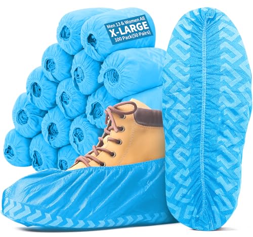 X-Large Shoe Covers Disposable Non-Slip, Non-Woven Fabric Boot Covers, Stretchable Fits Up to Size 13 US Men (Blue, 100 Pack) - color: Blue, size: 100 Pack
