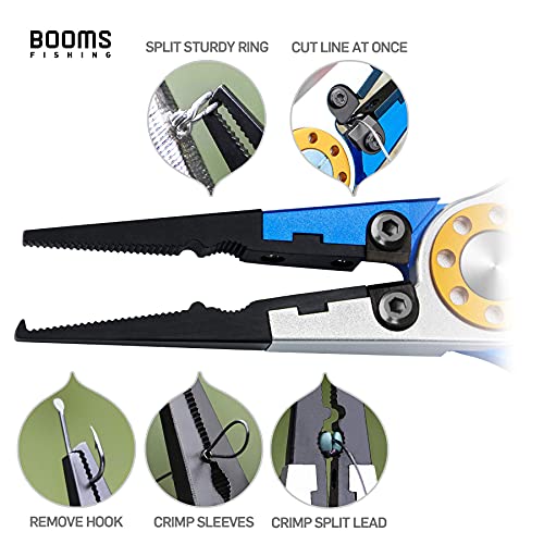Booms Fishing X1 Aluminum Fishing Pliers Saltwater, Surf Fishing Tackle Kit, Fishing Multitool Hook Remover Braided Fishing Line Cutting and Split Ring with Coiled Lanyard and Sheath - color: Blue(coms 1 Sheath and 1 Lanyard)