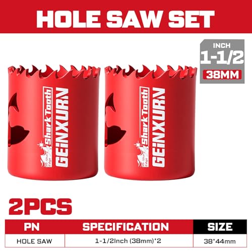 Geinxurn 1-1/2Inch(38mm) Hole Saw, 2PCS HSS Bi-Metal Hole Saw Kit with Shark Tooth Hole Cutter for Wood,Drywall, PVC Boards and Thin Metal - color: 2 PCS 1-1/2"