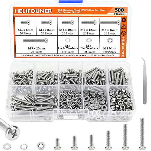 HELIFOUNER 500 Pieces M3 x 6mm /8mm /10mm /12mm /16mm /20mm, Phillips Pan Head Machine Screws, Metric Screws Bolts Washers Nuts Kit, 304 Stainless Steel - size: M3