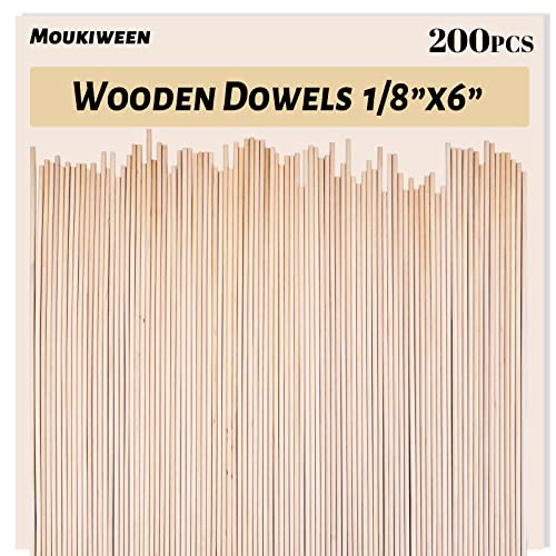 Wooden Dowel Rods, 200PCS 1/8 x 6 Inch Round Wooden Sticks for Arts Crafts, Home Decor, Cake Support, Photo Booth Props, Unfinished Natural Hardwood Sticks - size: 1/8 x 6 Inch (200PCS)