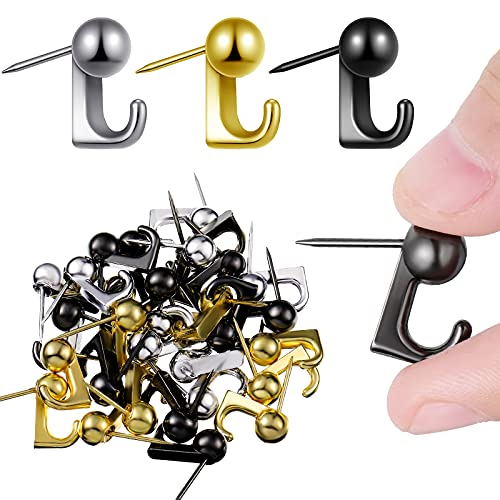 Jetec 30 Pieces Metal Push Pin Hangers Pin Wall Hooks Picture Hanging Picture Nails Frame Oil Painting Hooks on Wooden or Fabric Wall for Home or Office(Gold, Silver, Black) - color: Gold, Silver, Black