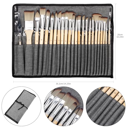 H & B 25PCS Paint Brush Set with Canvas Roll for Acrylic Oil Watercolor - color: Nature Wood