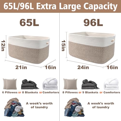 JMvicyroam 65L Large Woven Cotton Rope Blanket Basket, White&Oatmeal - color: White&Oatmeal, size: 65L