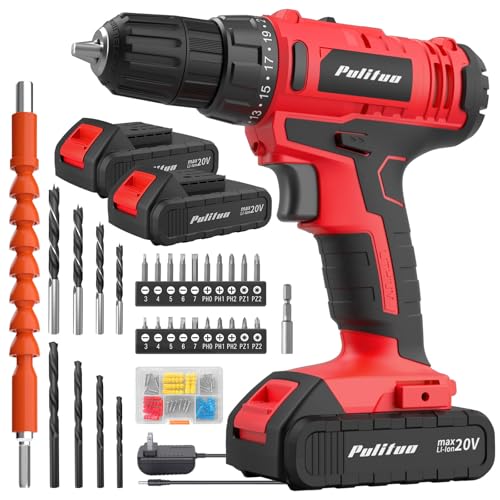 PULITUO 20V Cordless Drill/Driver, 2 Batteries Electric Screwdriver, 30Nm Power Drill Driver, 21+1 Torque, 2 Speed, 3/8"Keyless Chuck, power Drill with LED Light, Drill Driver Kit for Home (Red) - style: 20V Drill (Red)- double