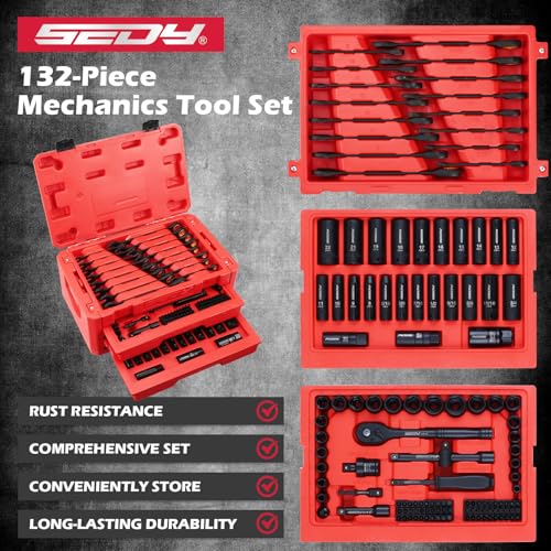 Premium 132-Piece Mechanics Tool Set, SAE/Metric 1/4" & 3/8" Drive Socket Set, Ratcheting Wrenches, Extensions & Adapters, Quick-Release Ratchet, Professional Auto Repair Tool Kit with Storage Case - style: New Version