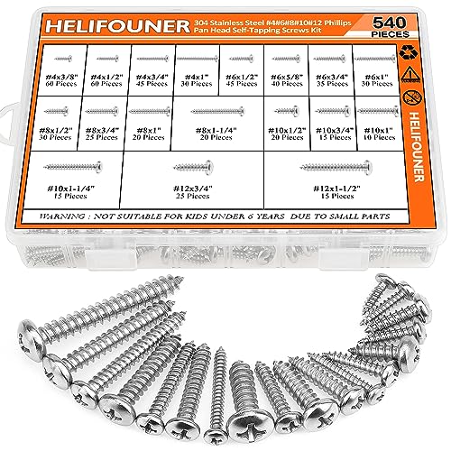 540 Pieces #4#6#8#10#12 Wood Screws Set, HELIFOUNER 18 Sizes Phillips Pan Head Self-Tapping Screws Assortment Kit, Phillips Pan Head Wood Screws, 304 Stainless Steel - size: #4#6#8#10#12