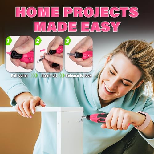 DIYSELF Electric Screwdriver, Cordless Power Screwdriver Set, 28-Piece,Pink - color: Pink