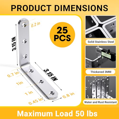 25Pcs Stainless Steel Angle Brackets 3”x 3” Heavy Duty Corner Brackets | 3MM Thick L Bracket for Wood 3in Stainless Corner Braces 90 Degree Metal Joint Hardware for Shelves Wooden Furniture Cabinet - size: Silver-3x3 Inch
