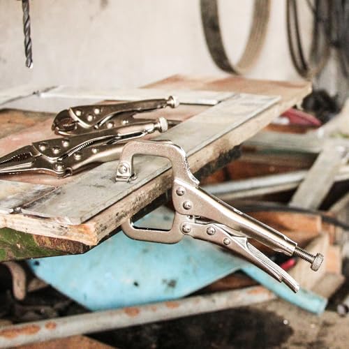 MacWork 3Pcs Mini Locking Plier Set, 4.5in Round Curved Jaw, 5in C-clamp, 5in Long Nose for Grip, Clamp, and Secure