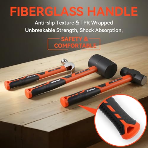 PINOZE 6-Piece Hammer Mallet Set with Fiberglass Handle Forge Steel Head, 16oz Ball Pein Hammers | 32oz Rubber Mallet | 3lb Sledge | 16oz & 8oz Claw Hammer | 22oz Double-Faced Mallet