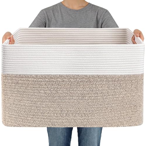 JMvicyroam 65L Large Woven Cotton Rope Blanket Basket, White&Oatmeal - color: White&Oatmeal, size: 65L