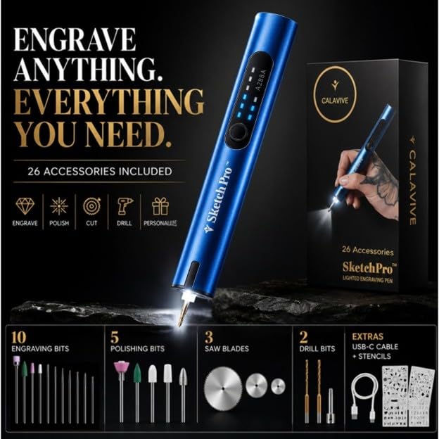 SketchPro Cordless Engraving Pen with LED Light – 3-Speed Precision Etching Tool for Wood, Metal, Glass & Plastic – USB-C Rechargeable, 26 Accessories – Ideal for DIY, Jewelry & Craft Projects