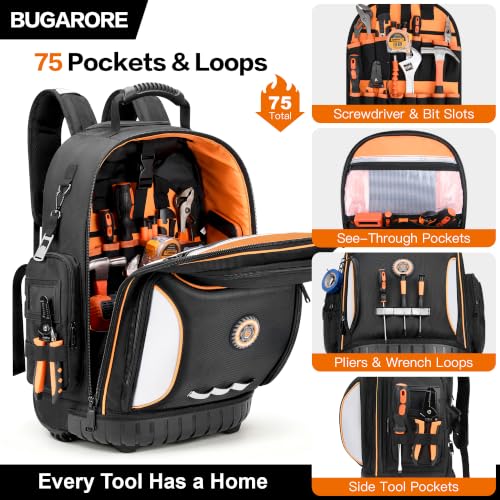 16" Rolling Tool Backpack with Wheels, 75 Pockets Electrician Tool Bag for Construction HVAC, 1680D Waterproof, Molded Base & Combination Lock - color: Black