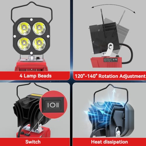LED Work Light Compatible with Milwaukee 18V Battery, 60W 8000LM Tool Only - color: Red