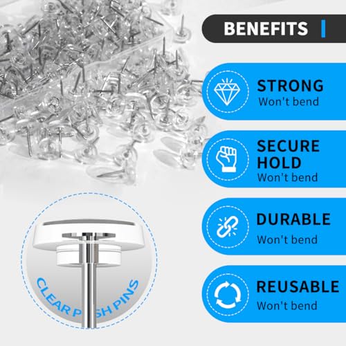 150PCS Clear Thumb Tacks for wall Push pins for wall thumbtacks for Hanging - color: Clear