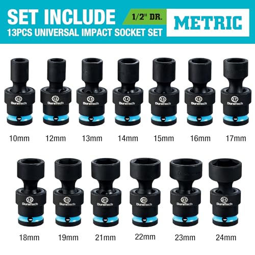 DURATECH 1/2" Drive Impact Swivel Socket Set, 13 Pcs Shallow Wobble Sockets - style: 13 PCS Metric 1/2" Dr.