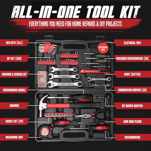 148-Piece Household Tool Kit with Sturdy Case – Carbon Steel Hand Tool Set for Home Repair, Apartment & Garage – DIY Toolbox for Men, Women & Beginners